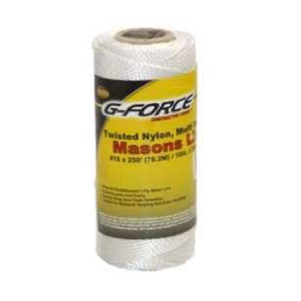 A spool of G FORCE 27140 Twisted Nylon Mason Line, Neon White #18 x 250 ft. tube, features a durable design and bright high-visibility color—ideal for precise line marking in masonry projects.